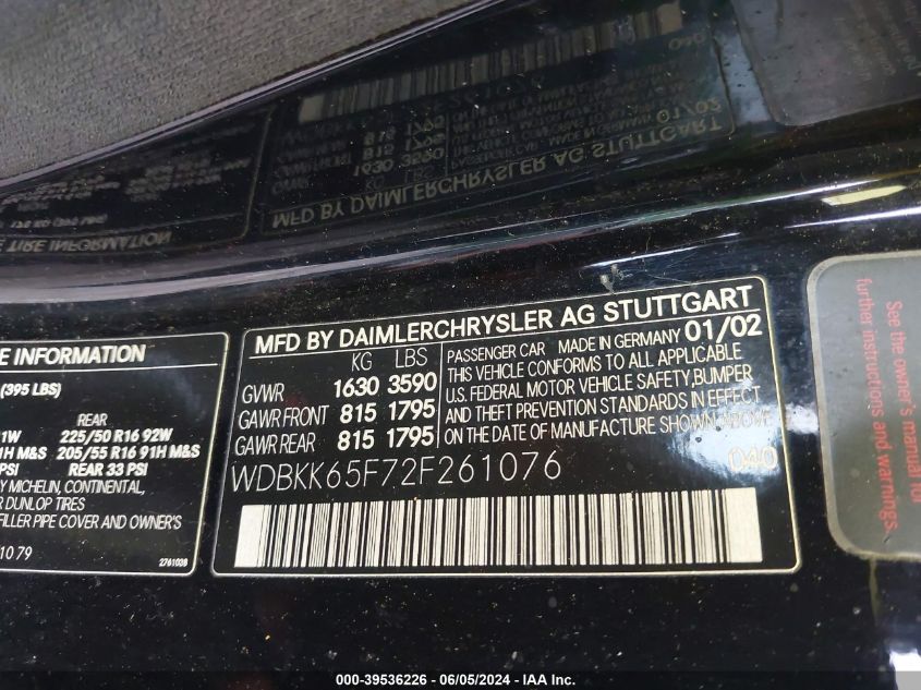 2002 Mercedes-Benz Slk 320 VIN: WDBKK65F72F261076 Lot: 39536226