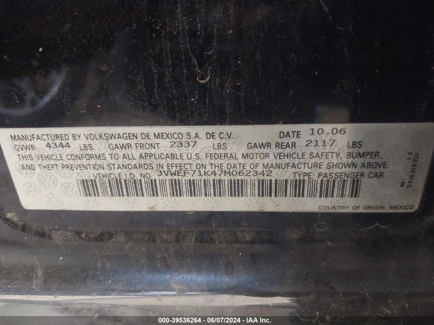 2007 Volkswagen Jetta Wolfsburg Edition VIN: 3VWEF71K47M062342 Lot: 39536264