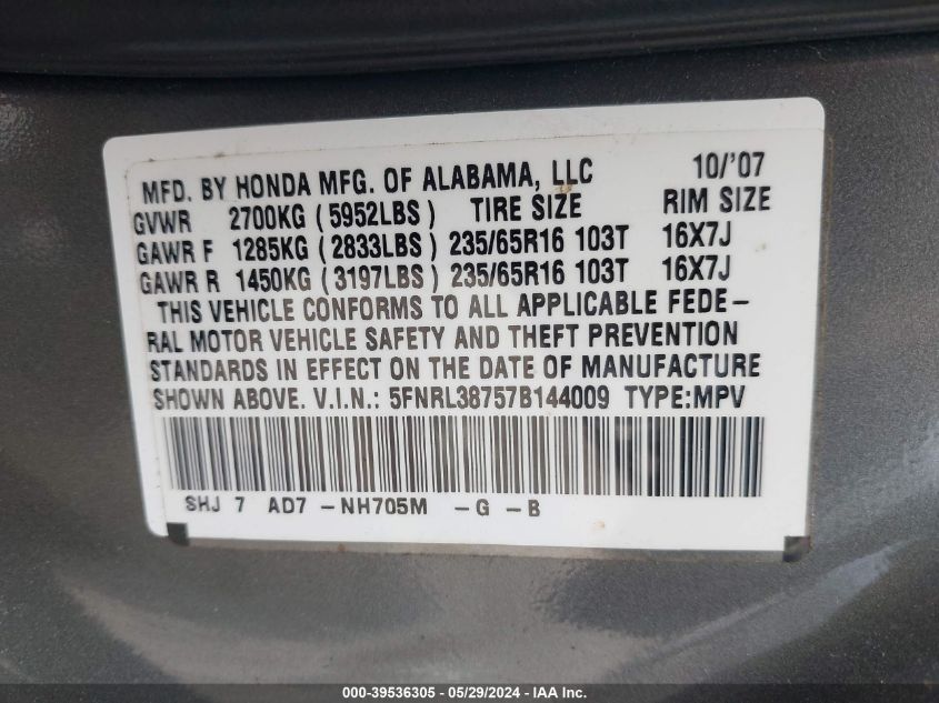 2007 Honda Odyssey Ex-L VIN: 5FNRL38757B144009 Lot: 39536305