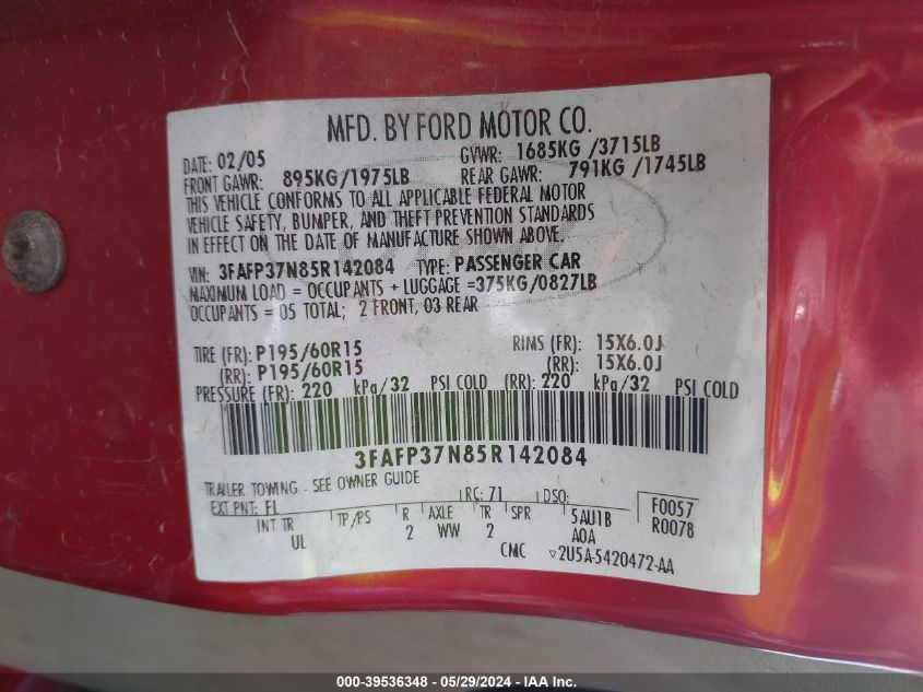 2005 Ford Focus Zx5 VIN: 3FAFP37N85R142084 Lot: 39536348