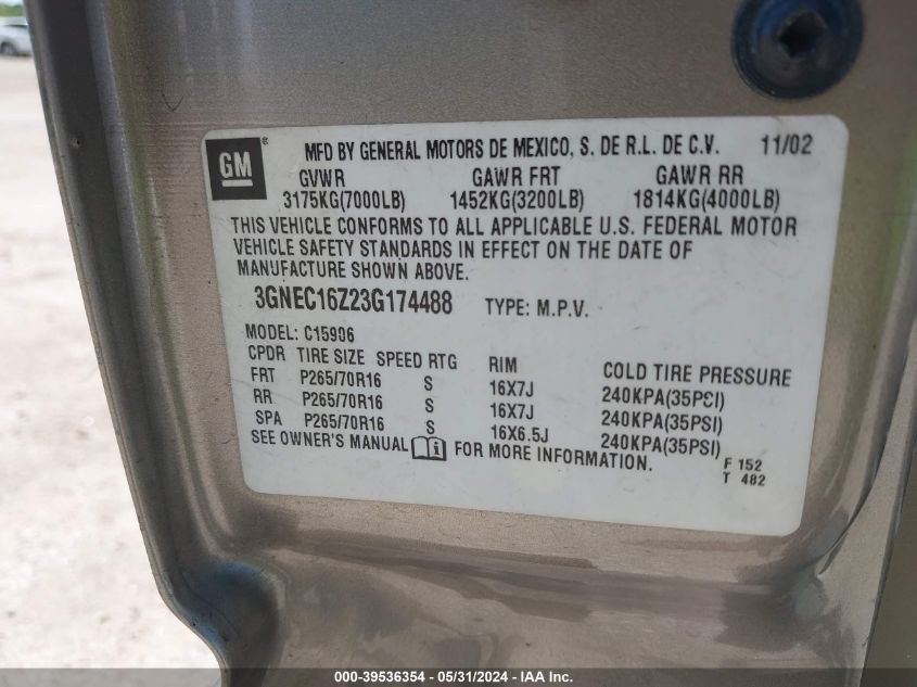 2003 Chevrolet Suburban 1500 Lt VIN: 3GNEC16Z23G174488 Lot: 39536354