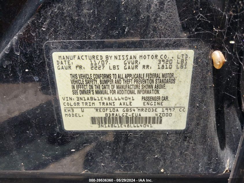 2008 Nissan Sentra 2.0Sl VIN: 3N1AB61E48L664041 Lot: 39536360