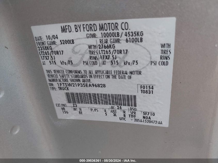 2005 Ford F-250 Lariat/Xl/Xlt VIN: 1FTSW21P35EA96828 Lot: 39536361