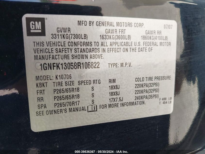 2008 Chevrolet Tahoe Lt VIN: 1GNFK13058R106822 Lot: 39536367