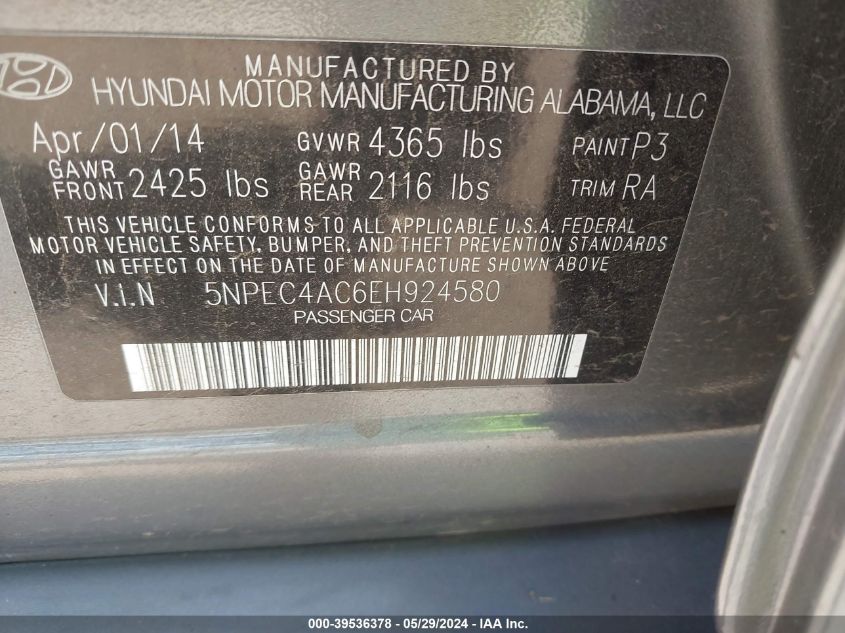 2014 HYUNDAI SONATA LIMITED - 5NPEC4AC6EH924580