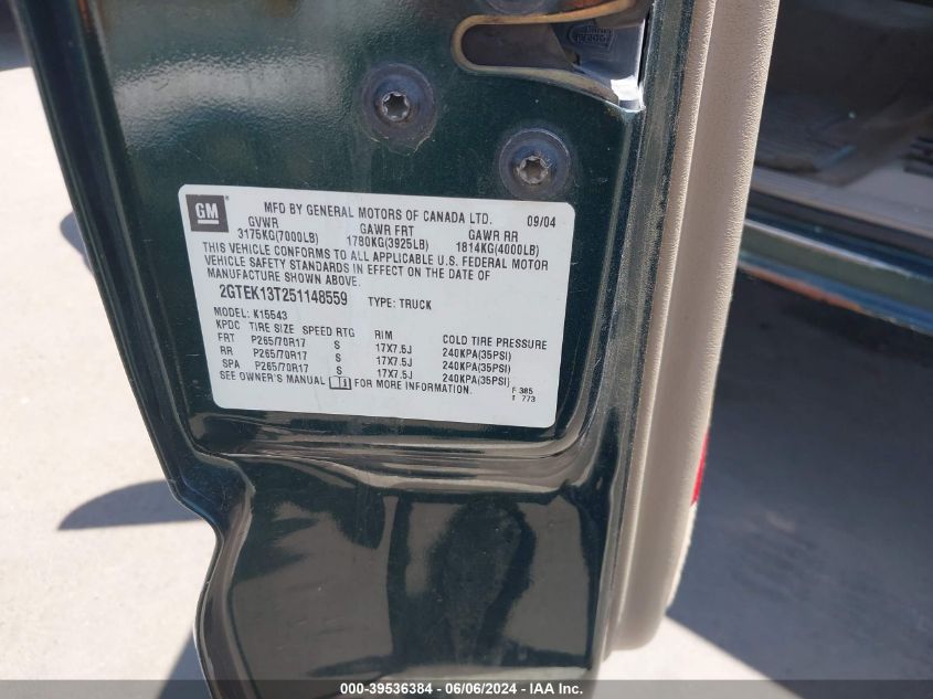 2005 GMC Sierra 1500 Sle VIN: 2GTEK13T251148559 Lot: 39536384