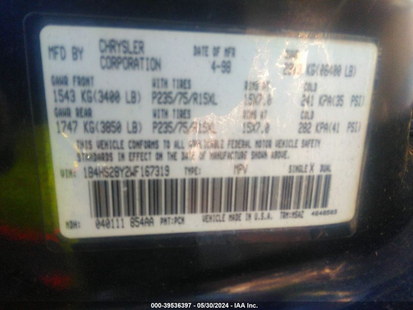 1998 Dodge Durango Slt VIN: 1B4HS28Y2WF167319 Lot: 39536397