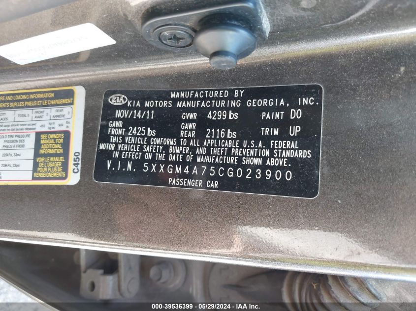 2012 Kia Optima Lx VIN: 5XXGM4A75CG023900 Lot: 39536399