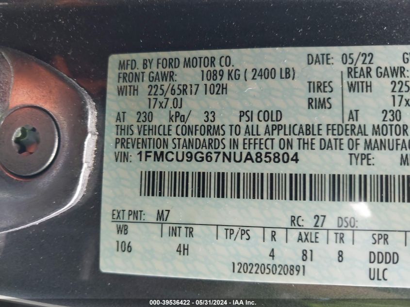 2022 FORD ESCAPE SE - 1FMCU9G67NUA85804