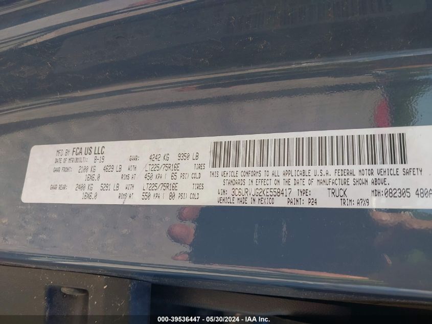 2019 Ram Promaster 3500 Cargo Van High Roof 159 Wb Ext VIN: 3C6URVJG2KE558417 Lot: 39536447