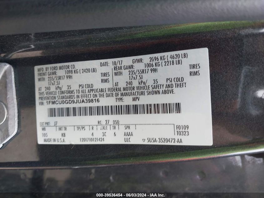 2018 Ford Escape Se VIN: 1FMCU0GD9JUA39816 Lot: 39536454