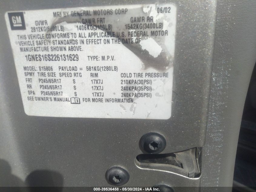 2002 Chevrolet Trailblazer Ext Lt VIN: 1GNES16S226131629 Lot: 39536458