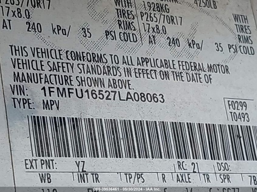 2007 Ford Expedition Xlt VIN: 1FMFU16527LA08063 Lot: 39536461