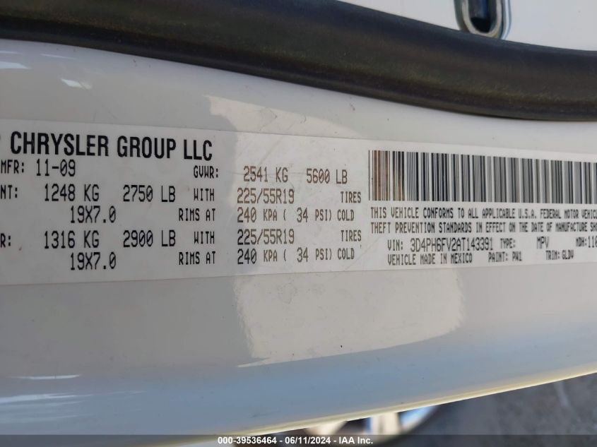 2010 Dodge Journey R/T VIN: 3D4PH6FV2AT143391 Lot: 39536464