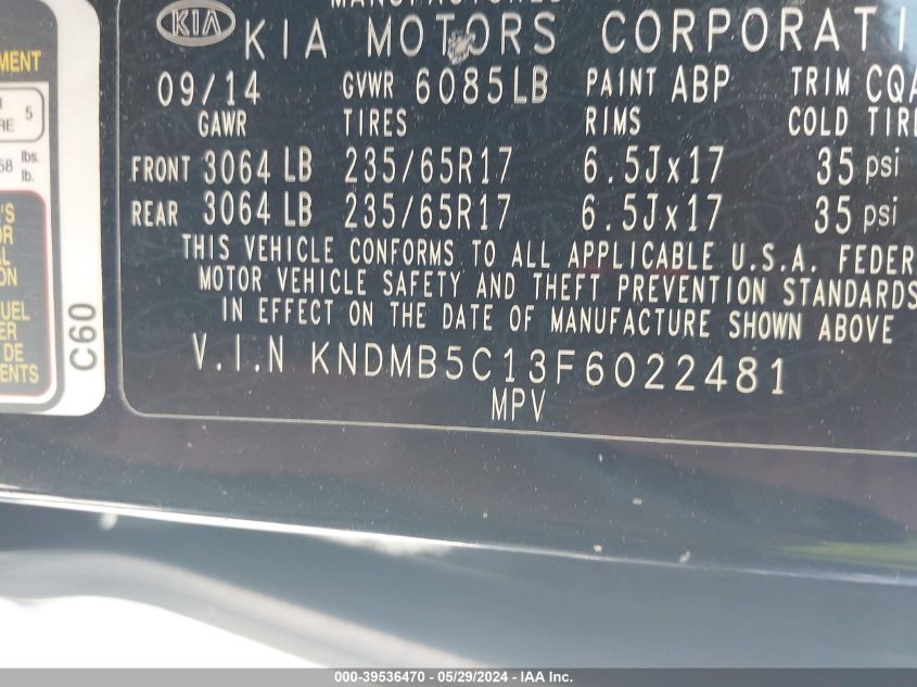 2015 Kia Sedona Lx VIN: KNDMB5C13F6022481 Lot: 39536470