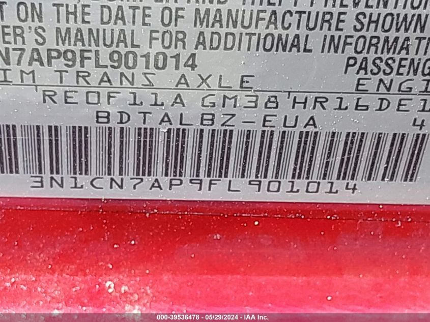 2015 Nissan Versa 1.6 S/1.6 S+/1.6 Sl/1.6 Sv VIN: 3N1CN7AP9FL901014 Lot: 39536478