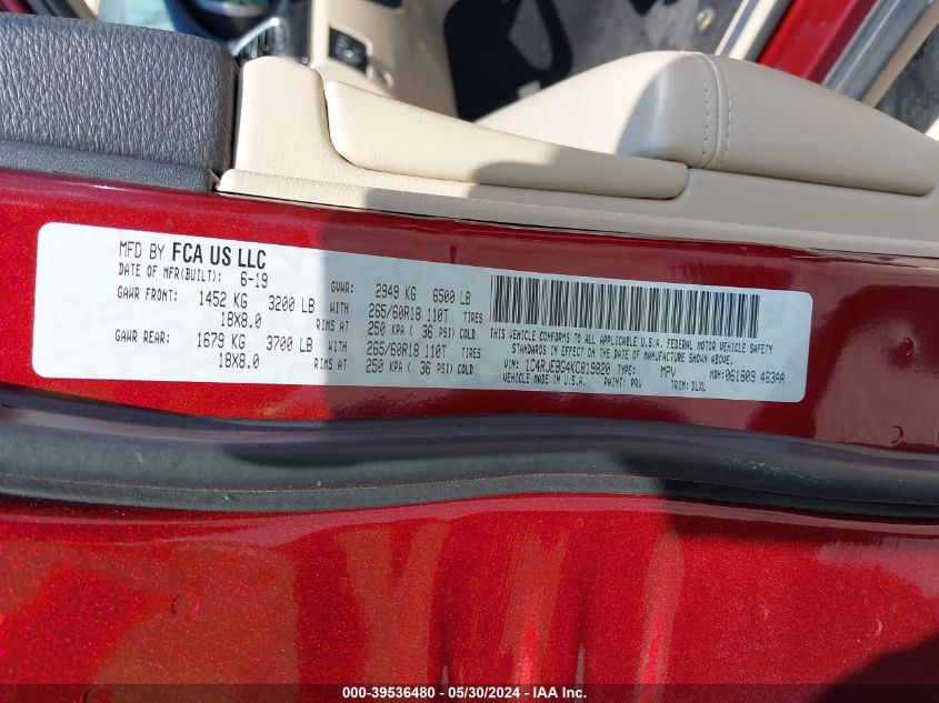 2019 Jeep Grand Cherokee Limited 4X2 VIN: 1C4RJEBG4KC819820 Lot: 39536480