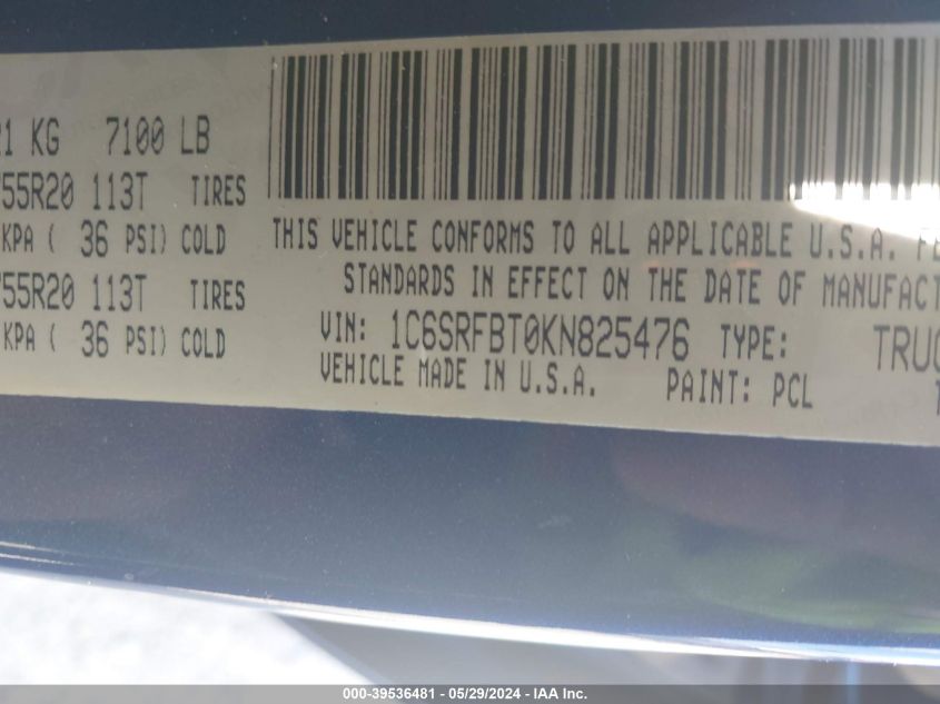 2019 Ram 1500 Big Horn/Lone Star Quad Cab 4X4 6'4 Box VIN: 1C6SRFBT0KN825476 Lot: 39536481