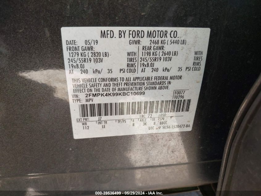 2019 Ford Edge Titanium VIN: 2FMPK4K99KBC10699 Lot: 39536499