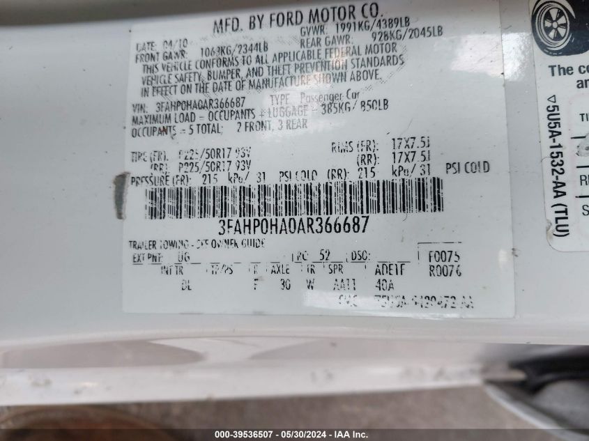 2010 Ford Fusion Se VIN: 3FAHP0HA0AR366687 Lot: 39536507