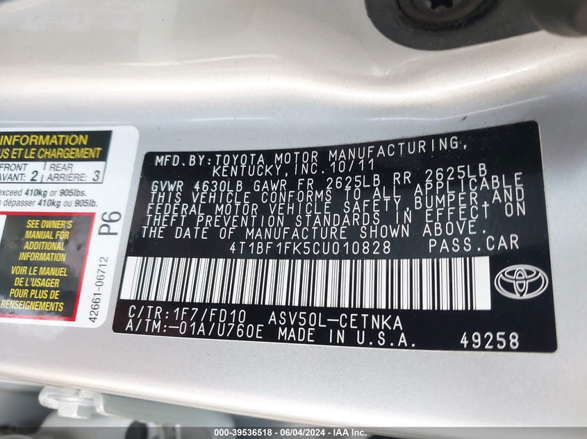 2012 Toyota Camry Le VIN: 4T1BF1FK5CU010828 Lot: 39536518