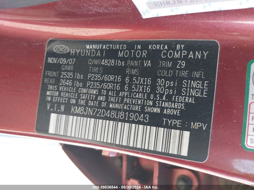 2008 Hyundai Tucson Limited V6/Se VIN: KM8JN72D48U819043 Lot: 39536544