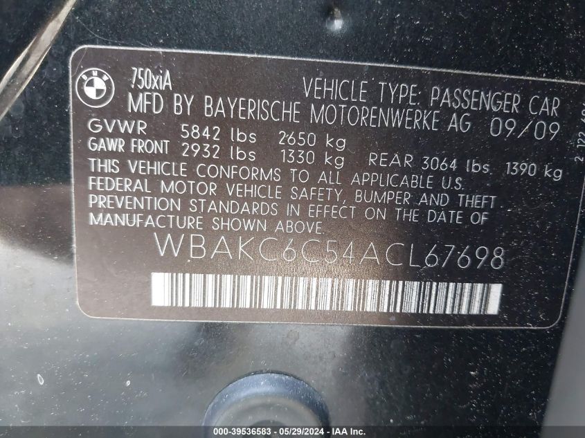 2010 BMW 750I xDrive VIN: WBAKC6C54ACL67698 Lot: 39536583