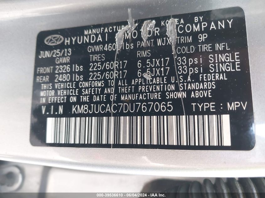 2013 Hyundai Tucson Gls VIN: KM8JUCAC7DU767065 Lot: 39536610