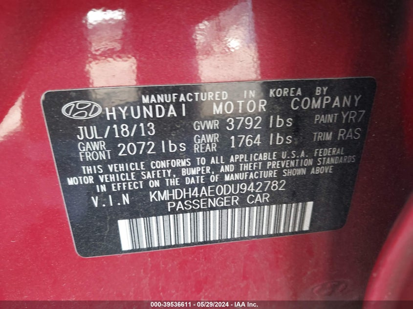 2013 Hyundai Elantra Gls VIN: KMHDH4AE0DU942782 Lot: 39536611