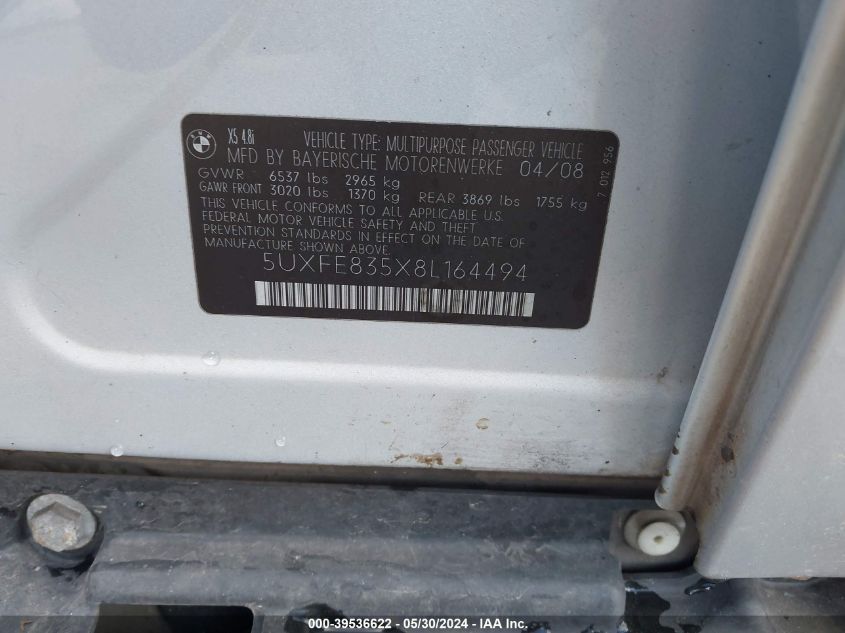 2008 BMW X5 4.8I VIN: 5UXFE835X8L164494 Lot: 39536622