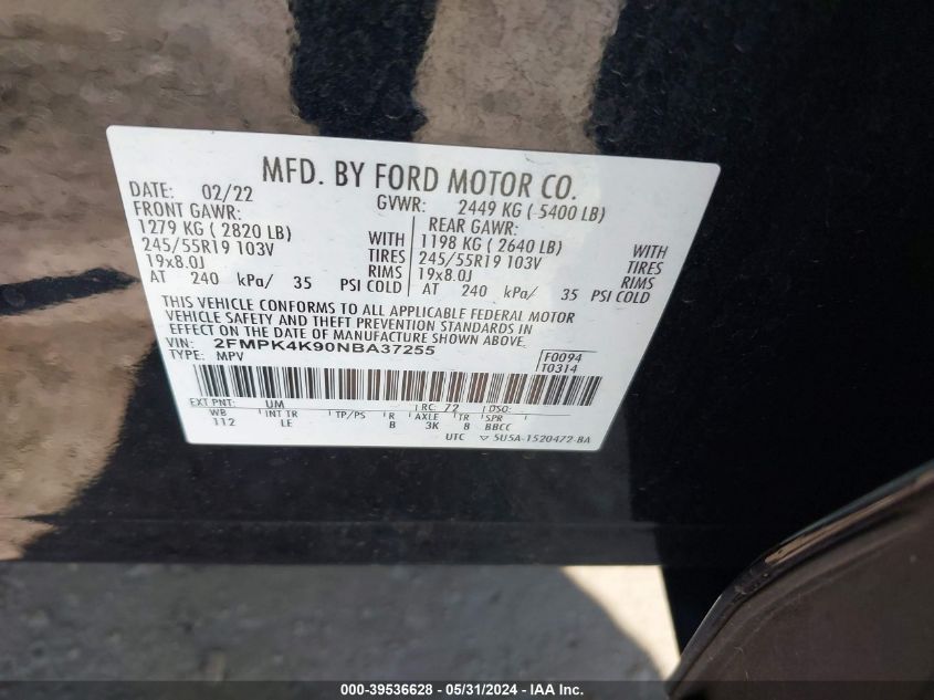 2022 Ford Edge Titanium VIN: 2FMPK4K90NBA37255 Lot: 39536628