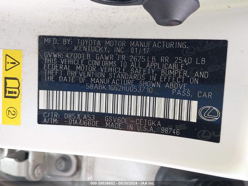 2017 Lexus Es 350 350 VIN: 58ABK1GG2HU053710 Lot: 39536652