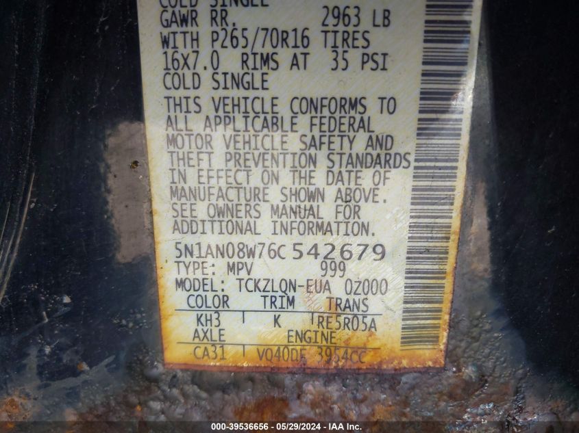 2006 Nissan Xterra X VIN: 5N1AN08W76C542679 Lot: 39536656