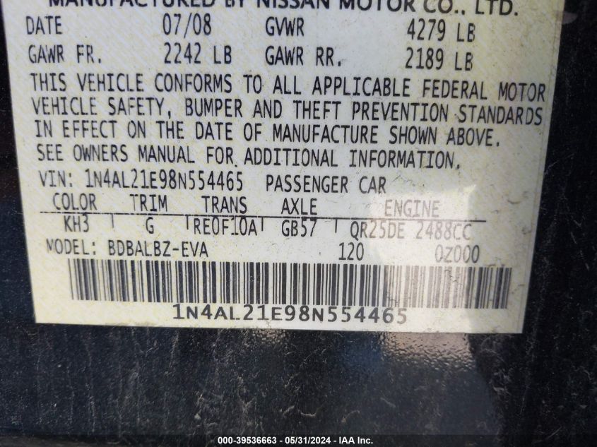2008 Nissan Altima 2.5/2.5S VIN: 1N4AL21E98N554465 Lot: 39536663