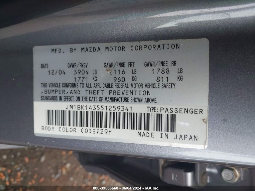 2005 Mazda Mazda3 S VIN: JM1BK143551259341 Lot: 39536668