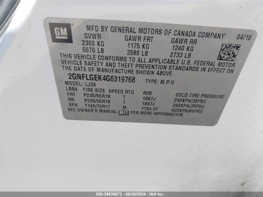 2016 Chevrolet Equinox Ltz VIN: 2GNFLGEK4G6319768 Lot: 39536673