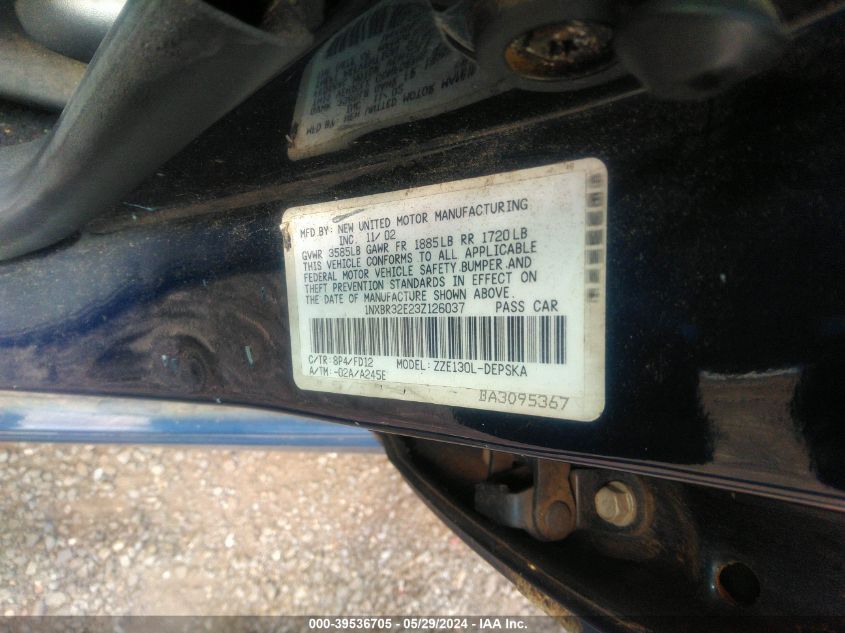 2003 Toyota Corolla S VIN: 1NXBR32E23Z126037 Lot: 39536705