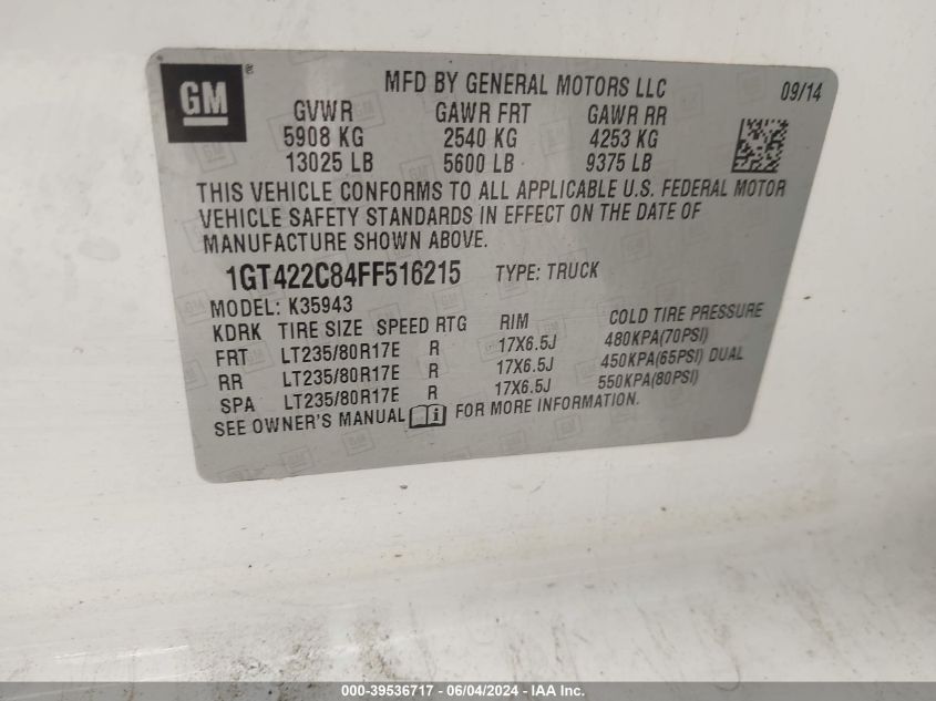 2015 GMC Sierra 3500Hd Sle VIN: 1GT422C84FF516215 Lot: 39536717