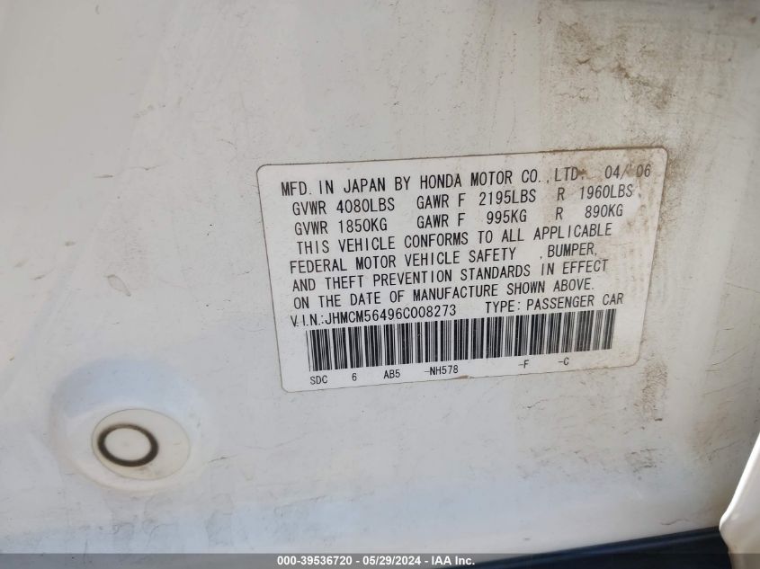 2006 Honda Accord 2.4 Lx VIN: JHMCM56496C008273 Lot: 39536720