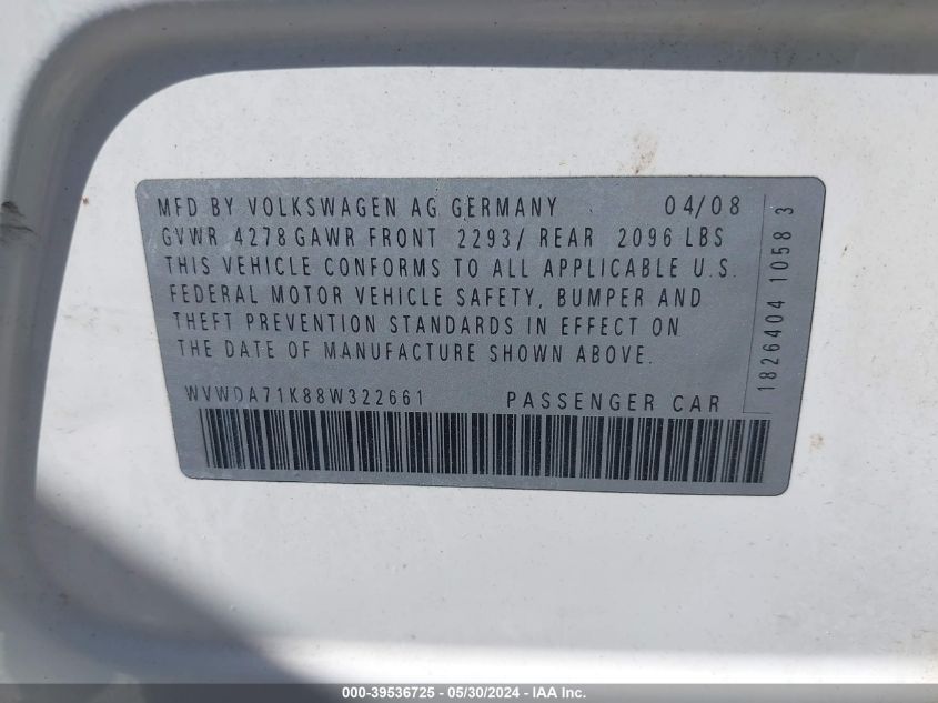2008 Volkswagen Rabbit VIN: WVWDA71K88W322661 Lot: 39536725