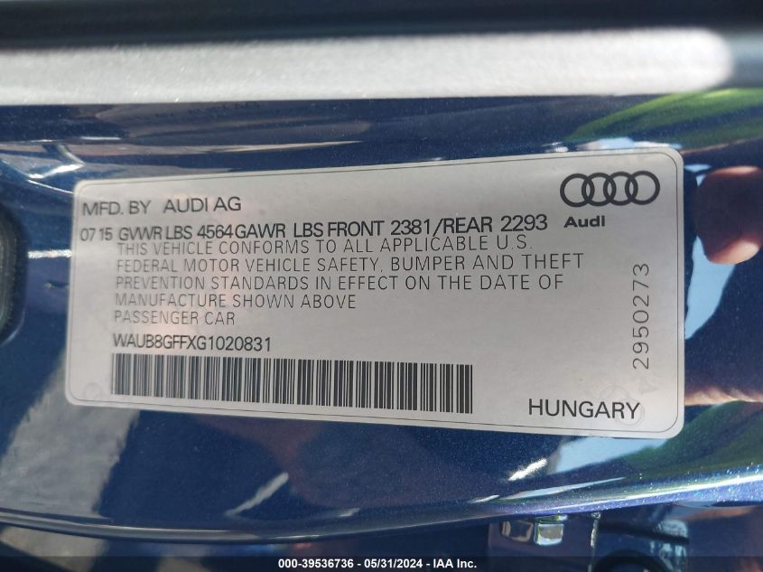 2016 Audi A3 2.0T Premium VIN: WAUB8GFFXG1020831 Lot: 39536736