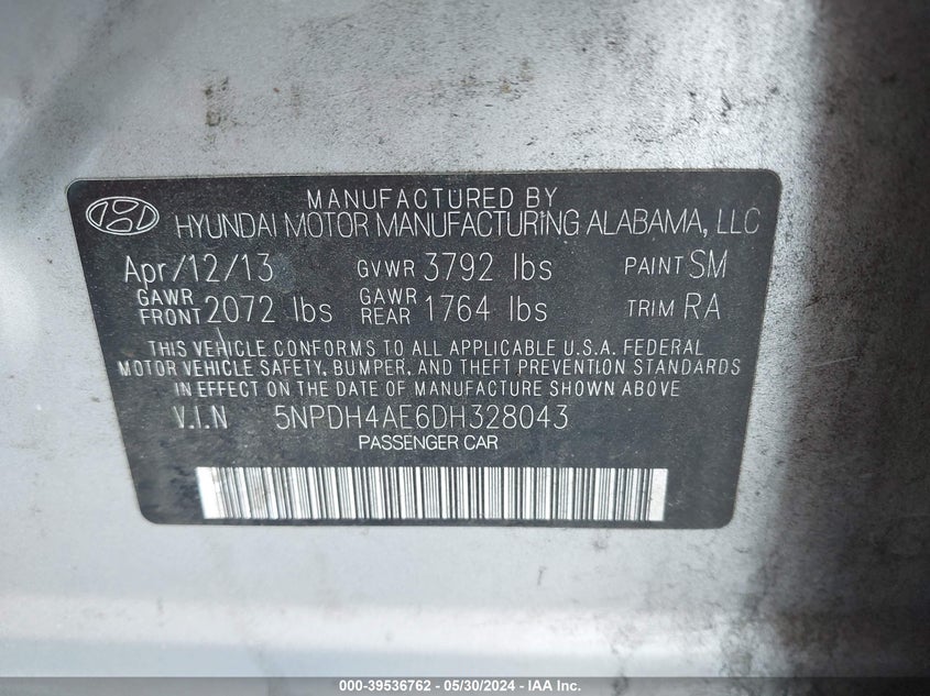 2013 Hyundai Elantra Gls VIN: 5NPDH4AE6DH328043 Lot: 39536762