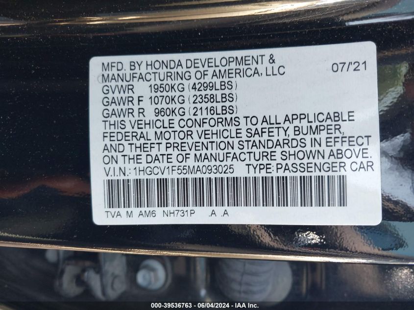 2021 Honda Accord Ex-L VIN: 1HGCV1F55MA093025 Lot: 39536763