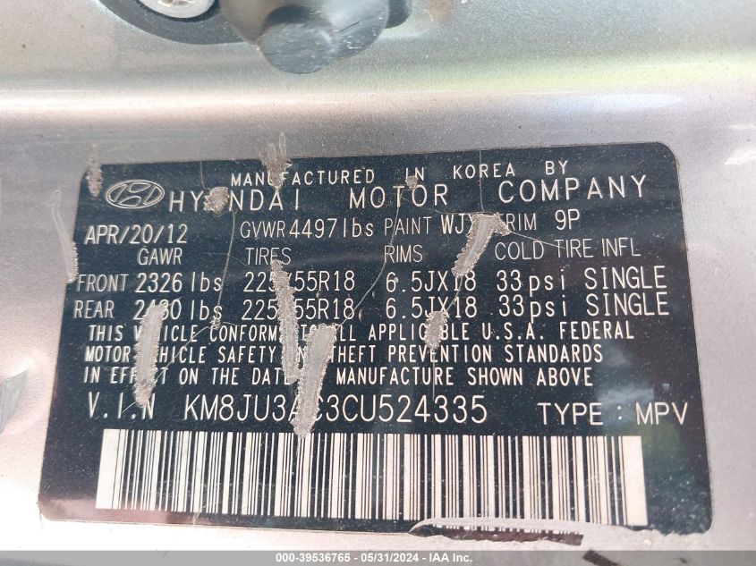 2012 Hyundai Tucson Limited VIN: KM8JU3AC3CU524335 Lot: 39536765