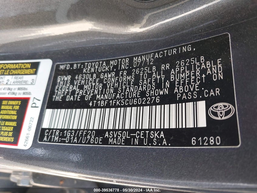 2012 Toyota Camry Se/Le/Xle VIN: 4T1BF1FK5CU602276 Lot: 39536778