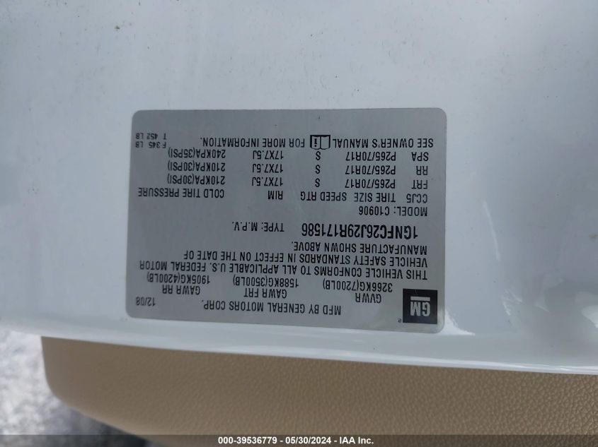 2009 Chevrolet Suburban 1500 C1500 Lt VIN: 1GNFC26J29R171586 Lot: 39536779