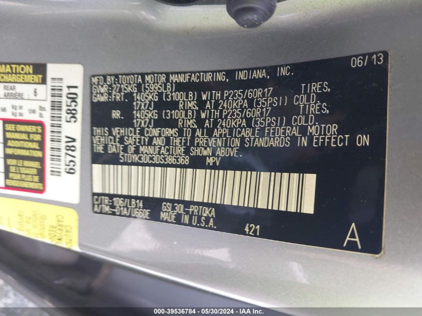 2013 Toyota Sienna Xle V6 8 Passenger VIN: 5TDYK3DC3DS386368 Lot: 39536784