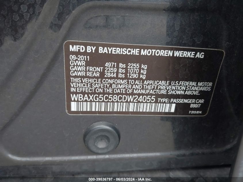 2012 BMW 528I VIN: WBAXG5C58CDW24055 Lot: 39536797