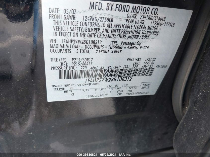 2008 Ford Taurus Sel VIN: 1FAHP27W28G108312 Lot: 39536824