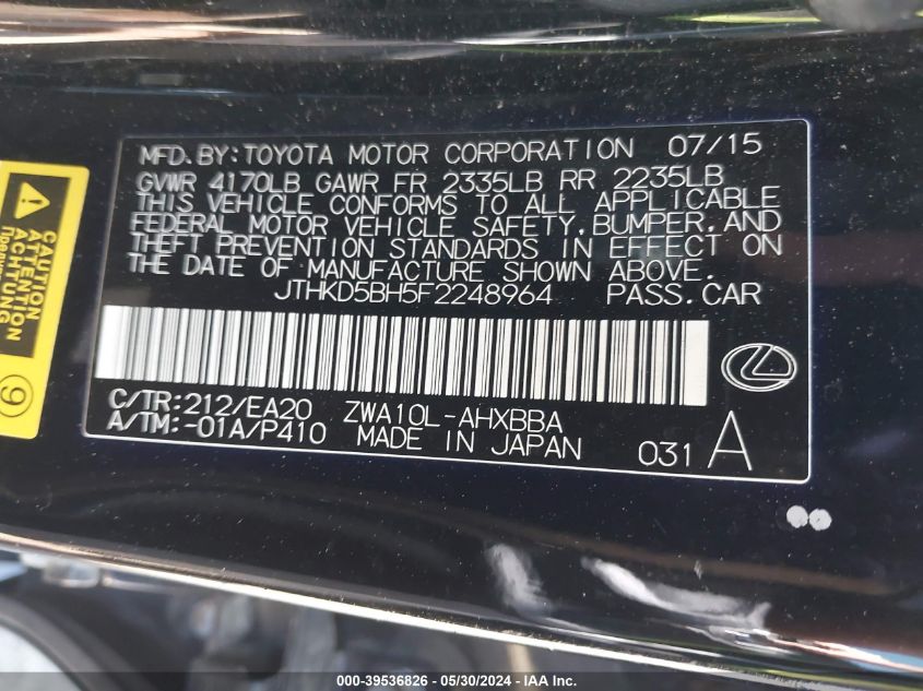 2015 Lexus Ct 200H VIN: JTHKD5BH5F2248964 Lot: 39536826